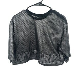 Ivy Park Mesh Metallic Silver Crop Top M Black Logo Boxy Jersey Streetwear